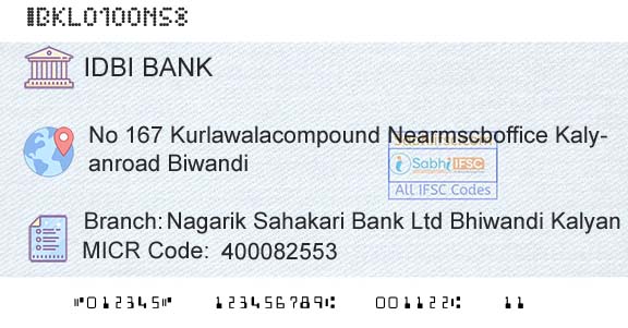 Idbi Bank Nagarik Sahakari Bank Ltd Bhiwandi Kalyan Road BraBranch 
