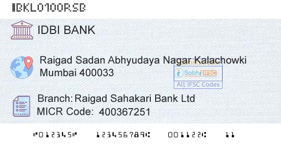 Idbi Bank Raigad Sahakari Bank LtdBranch 