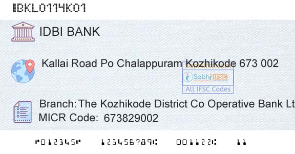 Idbi Bank The Kozhikode District Co Operative Bank Ltd CalicBranch 