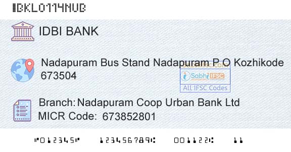 Idbi Bank Nadapuram Coop Urban Bank LtdBranch 