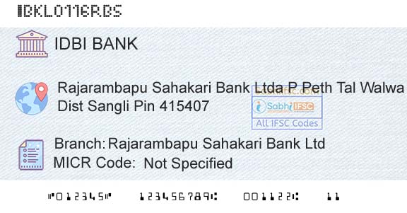 Idbi Bank Rajarambapu Sahakari Bank LtdBranch 