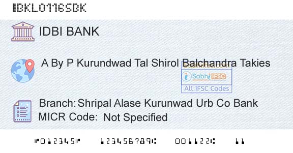 Idbi Bank Shripal Alase Kurunwad Urb Co BankBranch 
