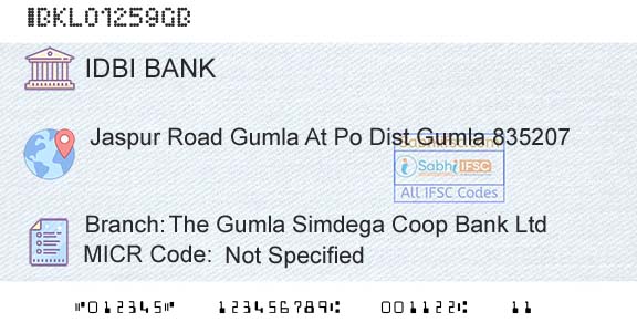 Idbi Bank The Gumla Simdega Coop Bank LtdBranch 