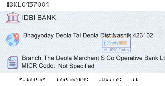 Idbi Bank The Deola Merchant S Co Operative Bank Ltd DeolaBranch 