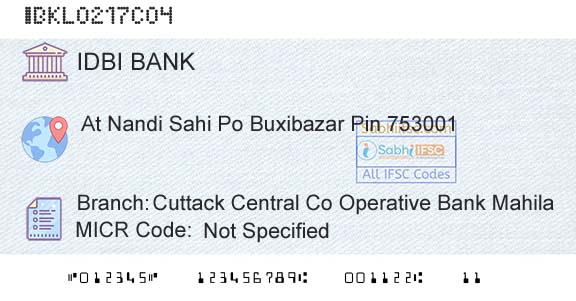 Idbi Bank Cuttack Central Co Operative Bank MahilaBranch 