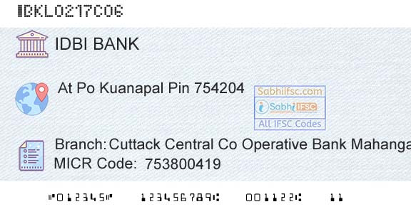 Idbi Bank Cuttack Central Co Operative Bank MahangaBranch 