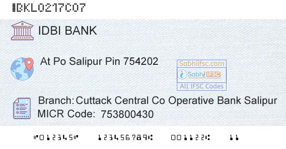 Idbi Bank Cuttack Central Co Operative Bank SalipurBranch 