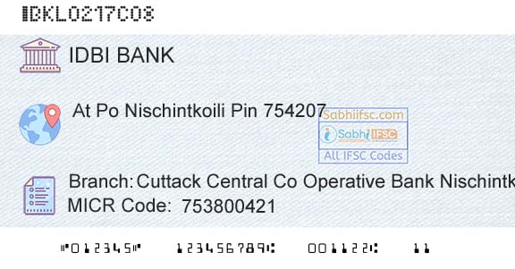 Idbi Bank Cuttack Central Co Operative Bank NischintkoiliBranch 