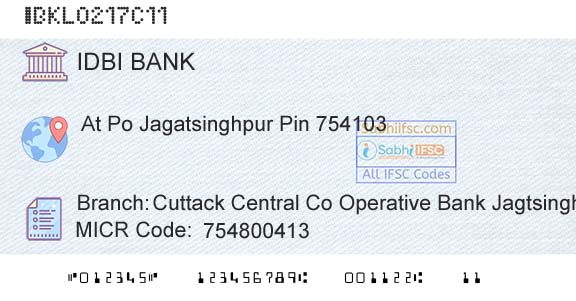 Idbi Bank Cuttack Central Co Operative Bank JagtsinghpurBranch 