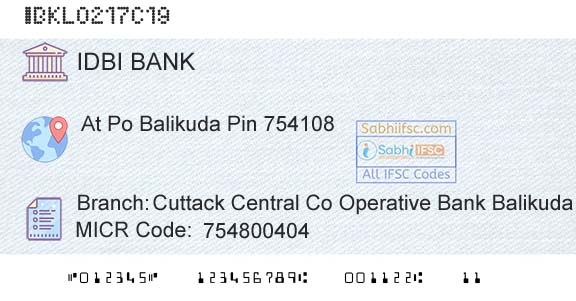 Idbi Bank Cuttack Central Co Operative Bank BalikudaBranch 