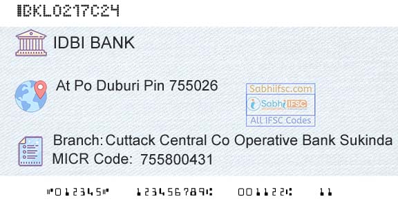Idbi Bank Cuttack Central Co Operative Bank SukindaBranch 