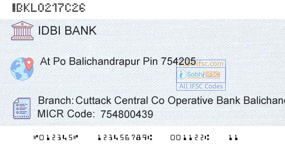 Idbi Bank Cuttack Central Co Operative Bank BalichandrapurBranch 