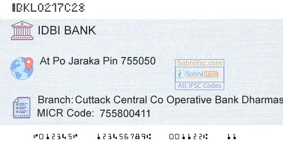 Idbi Bank Cuttack Central Co Operative Bank DharmasalaBranch 