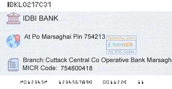 Idbi Bank Cuttack Central Co Operative Bank MarsaghaiBranch 