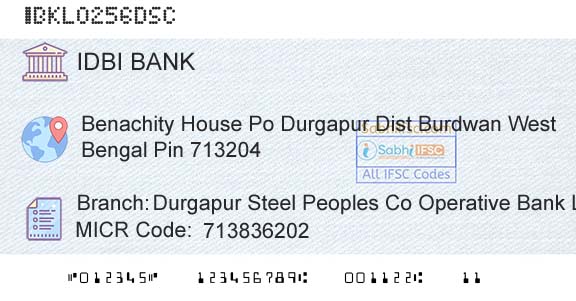Idbi Bank Durgapur Steel Peoples Co Operative Bank LtdBranch 