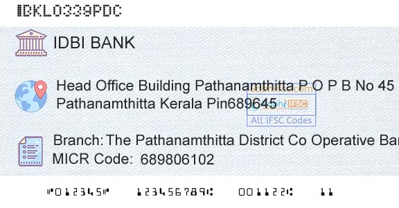 Idbi Bank The Pathanamthitta District Co Operative Bank LtdBranch 