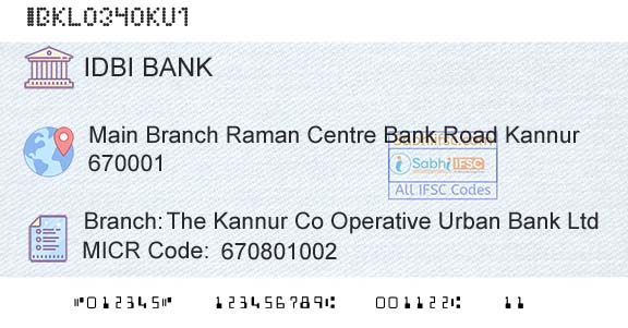 Idbi Bank The Kannur Co Operative Urban Bank Ltd Branch 