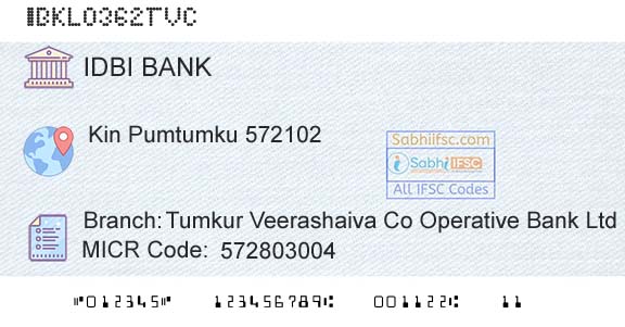 Idbi Bank Tumkur Veerashaiva Co Operative Bank LtdBranch 