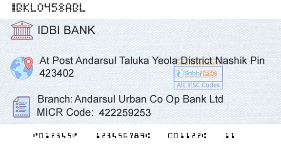 Idbi Bank Andarsul Urban Co Op Bank LtdBranch 