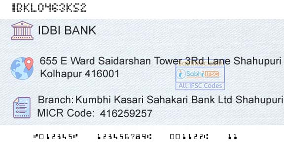 Idbi Bank Kumbhi Kasari Sahakari Bank Ltd Shahupuri Br Branch 