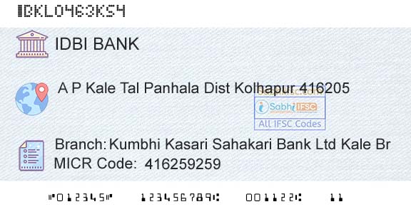 Idbi Bank Kumbhi Kasari Sahakari Bank Ltd Kale Br Branch 