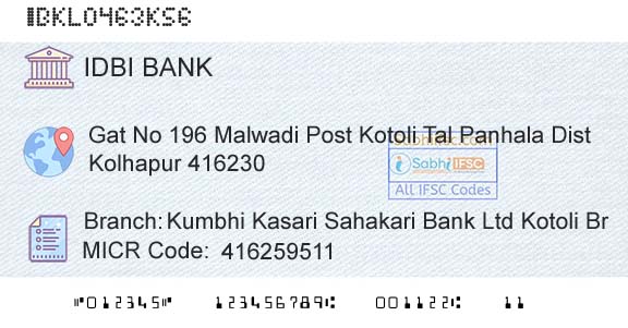 Idbi Bank Kumbhi Kasari Sahakari Bank Ltd Kotoli Br Branch 