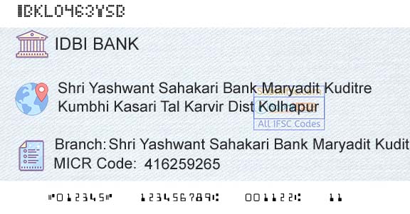 Idbi Bank Shri Yashwant Sahakari Bank Maryadit KuditreBranch 
