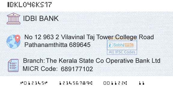 Idbi Bank The Kerala State Co Operative Bank LtdBranch 