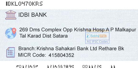 Idbi Bank Krishna Sahakari Bank Ltd Rethare BkBranch 