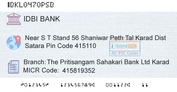 Idbi Bank The Pritisangam Sahakari Bank Ltd KaradBranch 