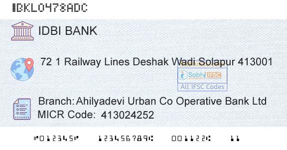 Idbi Bank Ahilyadevi Urban Co Operative Bank LtdBranch 