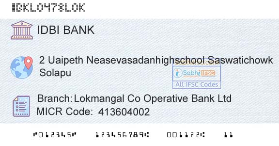 Idbi Bank Lokmangal Co Operative Bank Ltd Branch 