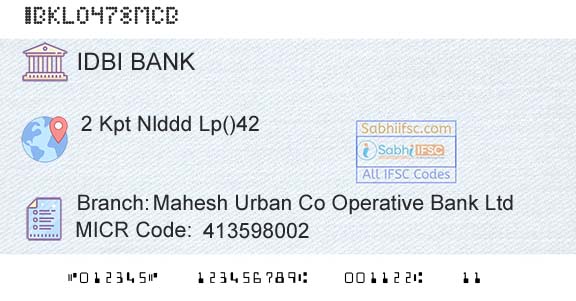 Idbi Bank Mahesh Urban Co Operative Bank LtdBranch 