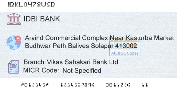 Idbi Bank Vikas Sahakari Bank LtdBranch 