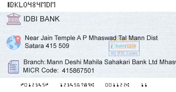 Idbi Bank Mann Deshi Mahila Sahakari Bank Ltd MhaswadBranch 
