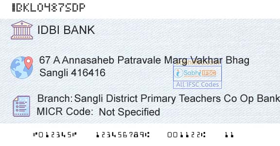 Idbi Bank Sangli District Primary Teachers Co Op Bank Ltd HeBranch 