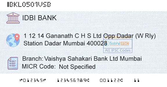 Idbi Bank Vaishya Sahakari Bank Ltd MumbaiBranch 