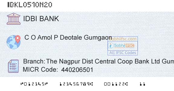 Idbi Bank The Nagpur Dist Central Coop Bank Ltd GumgaonBranch 