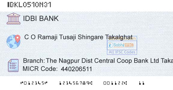 Idbi Bank The Nagpur Dist Central Coop Bank Ltd TakalghatBranch 