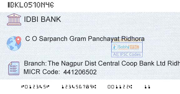 Idbi Bank The Nagpur Dist Central Coop Bank Ltd RidhoraBranch 