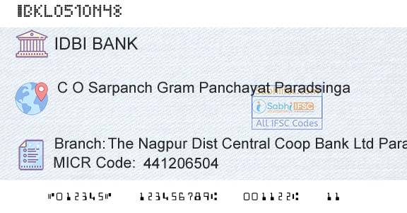 Idbi Bank The Nagpur Dist Central Coop Bank Ltd ParadsingaBranch 