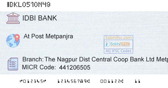 Idbi Bank The Nagpur Dist Central Coop Bank Ltd MetpanjraBranch 