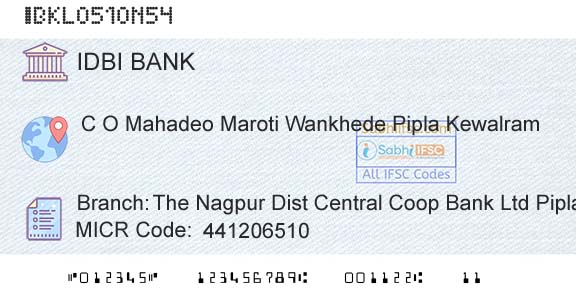 Idbi Bank The Nagpur Dist Central Coop Bank Ltd Pipla KewalrBranch 