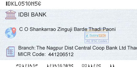 Idbi Bank The Nagpur Dist Central Coop Bank Ltd Thadi PaoniBranch 