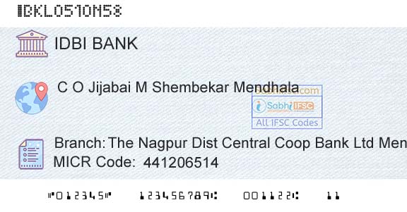 Idbi Bank The Nagpur Dist Central Coop Bank Ltd MendhalaBranch 