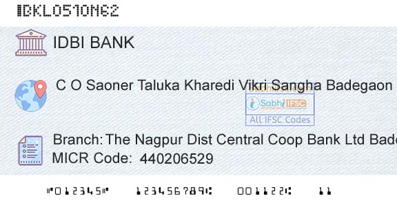 Idbi Bank The Nagpur Dist Central Coop Bank Ltd BadegaonBranch 