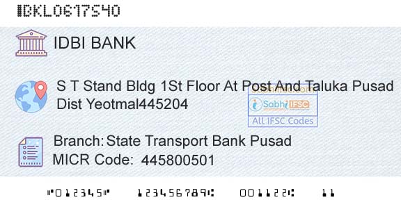 Idbi Bank State Transport Bank PusadBranch 