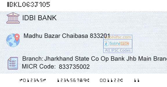 Idbi Bank Jharkhand State Co Op Bank Jhb Main Branch MbrBranch 