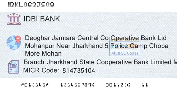 Idbi Bank Jharkhand State Cooperative Bank Limited MohanpurBranch 