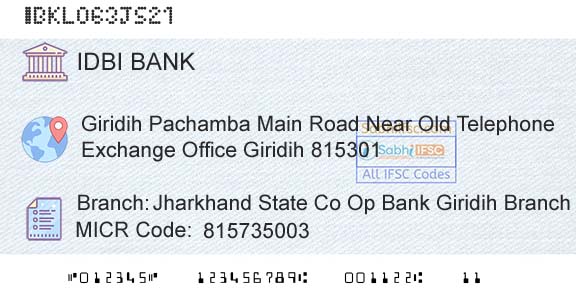 Idbi Bank Jharkhand State Co Op Bank Giridih Branch GibBranch 